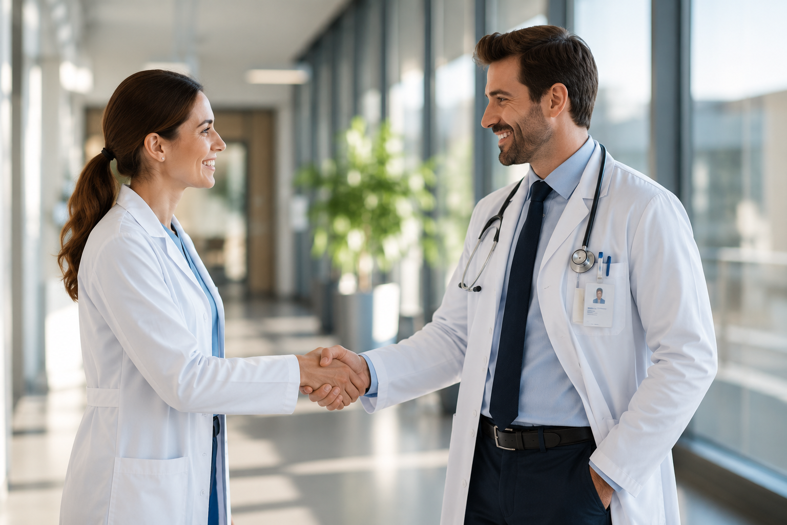 Ärztin und Arzt begrüßen sich in einer Klinik